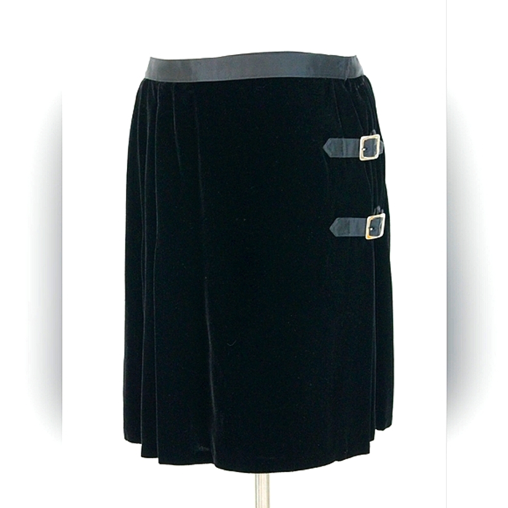 Vintage Ralph Lauren Black Silk Velvet Pleated Kilt Skirt XS 2